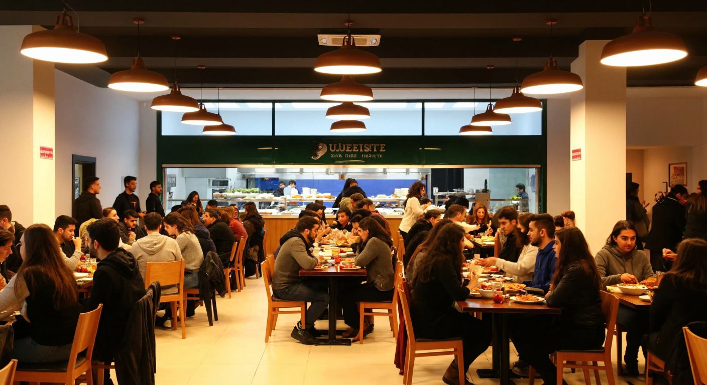 A bustling university cafeteria in İzmir, with students chatting over plates of Turkish dishes like köfte and menemen, under the warm glow of hanging lights.