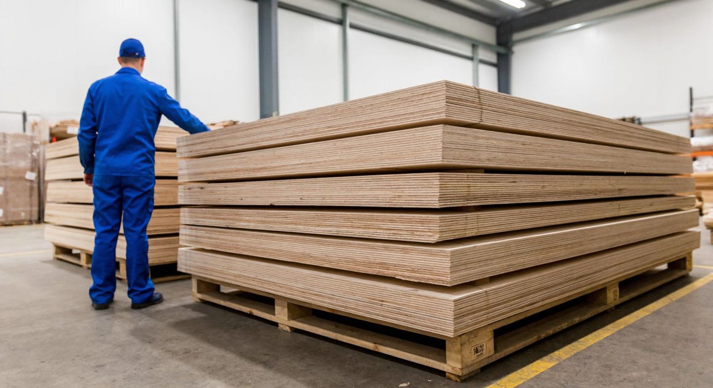 A stack of thirty neatly arranged wooden fiberboards on a wooden pallet in a bright warehouse, with a worker in a blue uniform checking the pile.