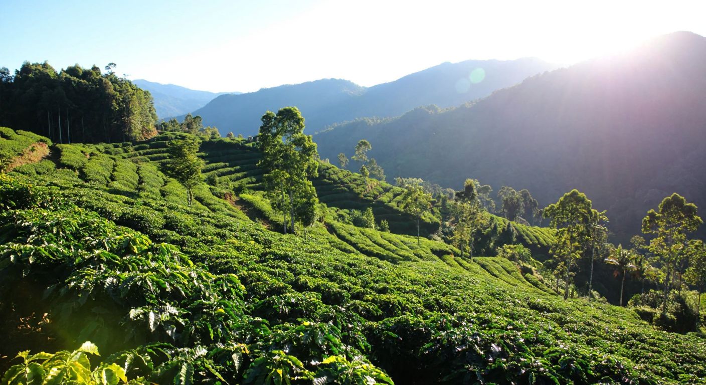 A lush tropical landscape with vibrant green coffee plants growing on terraced hills under a bright sun, surrounded by misty mountains in the distance.