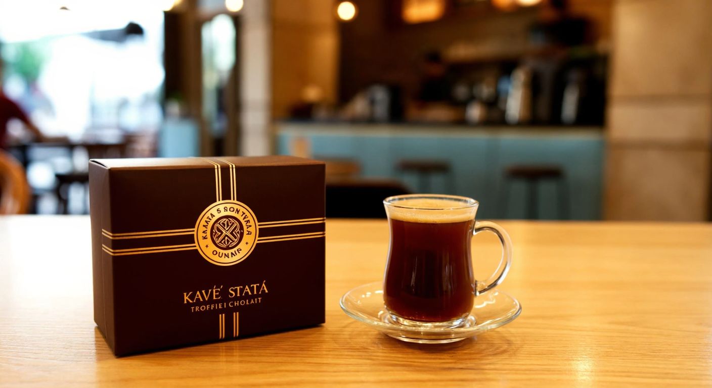 A small, elegant dark chocolate truffle box from Kahve Dünyası sits on a wooden table beside a steaming cup of Turkish coffee, with a warm café ambiance in the background.