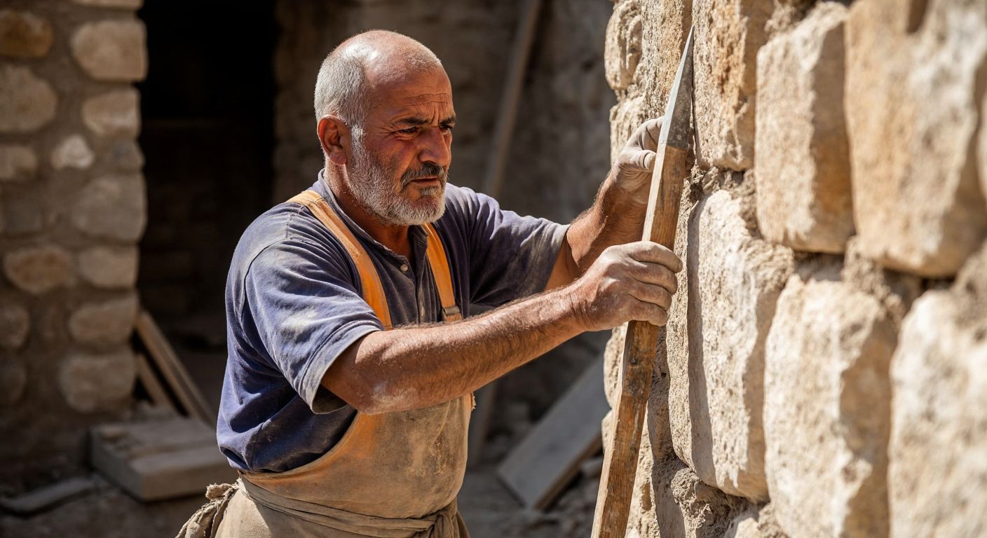 A weathered Turkish mason in a dusty construction site carefully holds a traditional wooden *şakul* with a pointed metal weight, ensuring the vertical alignment of a stone wall under the warm Anatolian sun.