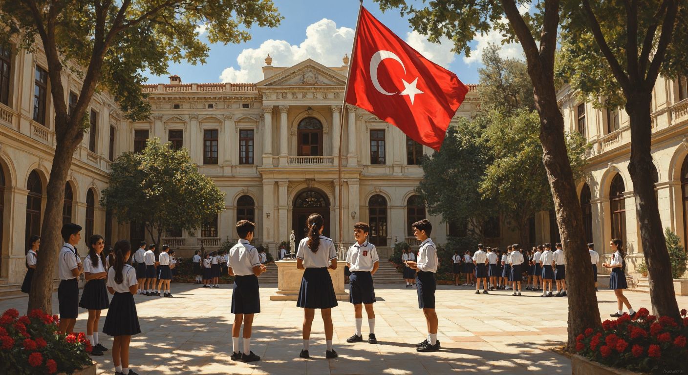 A sunlit courtyard in İzmir with a grand school building in the background, where a group of students in crisp uniforms chat animatedly under a Turkish flag fluttering in the breeze.