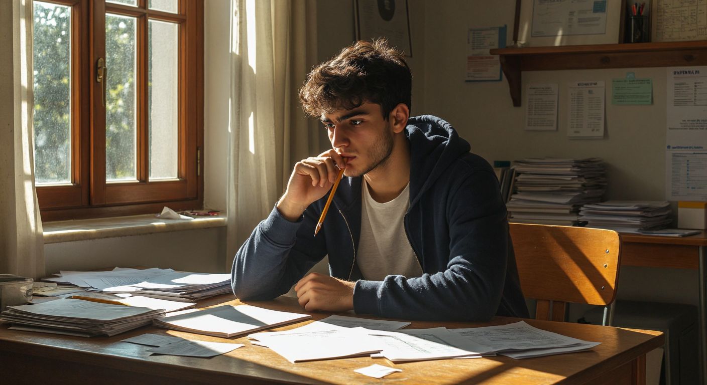 A focused Turkish student sits at a wooden desk, surrounded by scattered papers and a Çap TYT 4 test booklet, biting a pencil in thought while sunlight streams through a window onto their furrowed brow.
