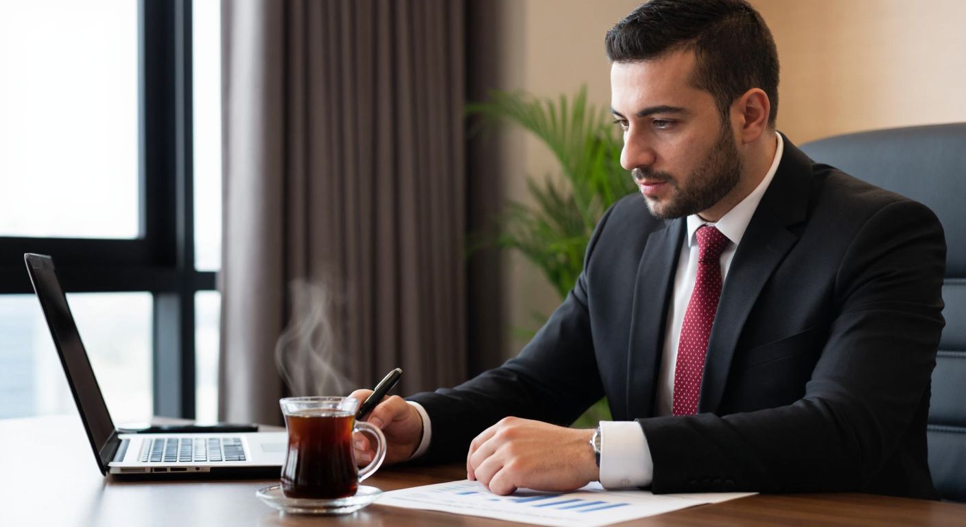 A Turkish businessman in a modern office analyzes financial charts showing upward trends, with a steaming cup of Turkish coffee on his desk.