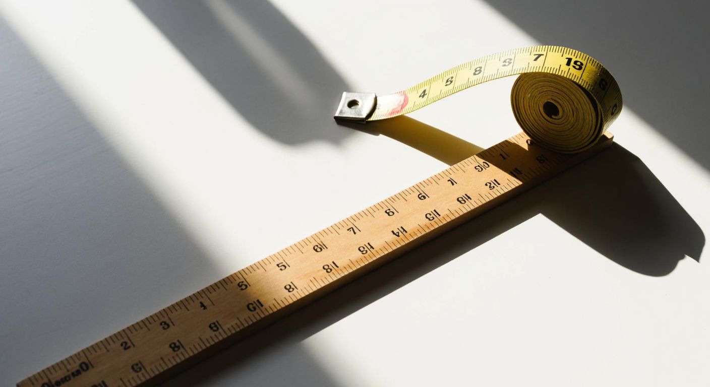 A wooden ruler lies diagonally across a sunlit table, with a tape measure unfurled beside it, both showing clear centimeter and inch markings in contrasting colors.