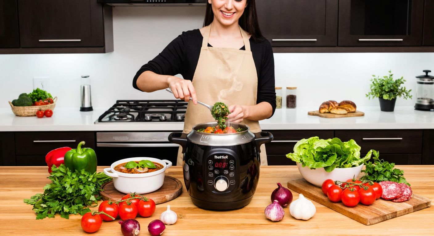 A modern Turkish kitchen with a smiling woman in an apron using a sleek Tefal Cook4me+ dual cooker, surrounded by fresh ingredients like tomatoes, peppers, and herbs, steam rising from the pot as she prepares a traditional dish.