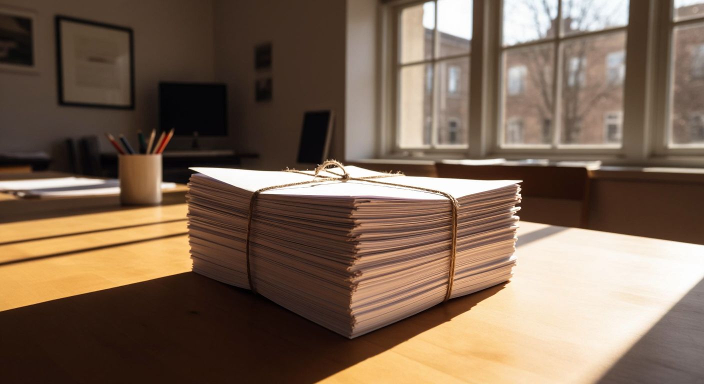 A stack of one hundred crisp, identical documents bound together with a simple string, resting on a wooden table in a sunlit office.