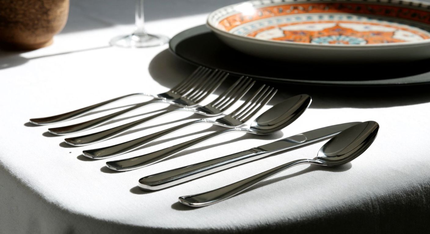 A polished silver cutlery set for twelve, neatly arranged on a white linen tablecloth in a sunlit Turkish dining room with a traditional ceramic plate in the background.