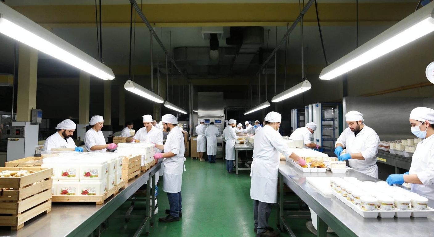 A bustling food factory in Mustafakemalpaşa, Bursa, with workers in white uniforms packaging fresh dairy products under bright industrial lights.