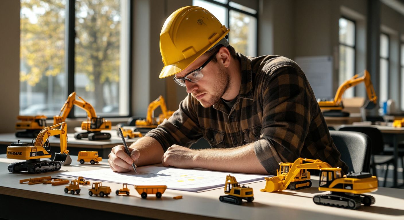 A determined construction worker in a yellow hard hat sits at a desk in a sunlit exam hall, gripping a pen while facing a test paper with multiple-choice bubbles, surrounded by miniature toy excavators and bulldozers.