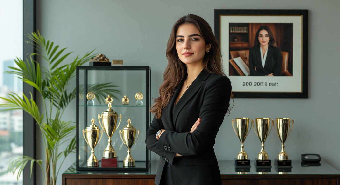 A confident Turkish woman in a sleek office, standing beside a glass trophy case filled with awards, with a framed photo of a 2002 calendar page subtly visible in the background.