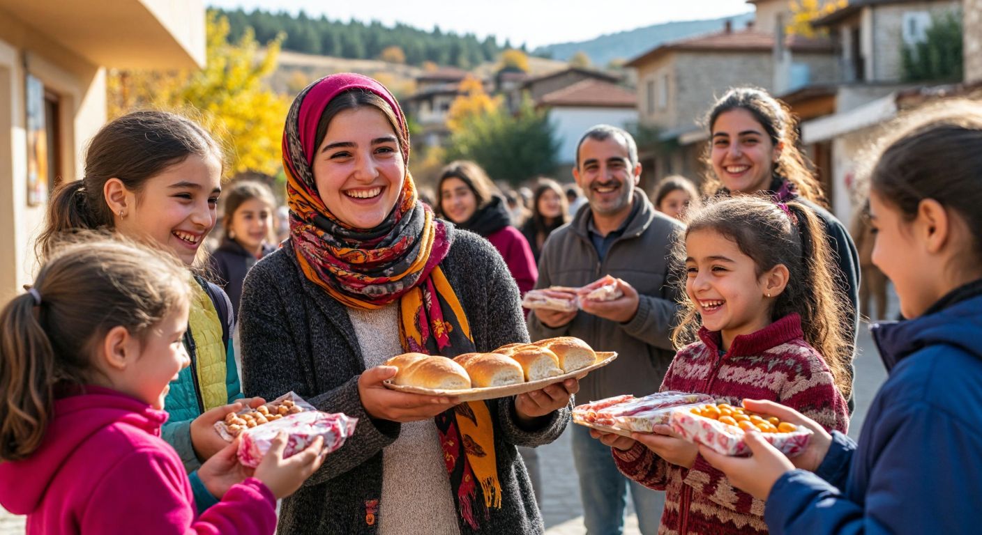 A diverse group of smiling volunteers in Turkey distributes warm bread, fresh meat, and colorful clothing to grateful families in a sunlit village square, while children laugh and clutch sweets in their hands.