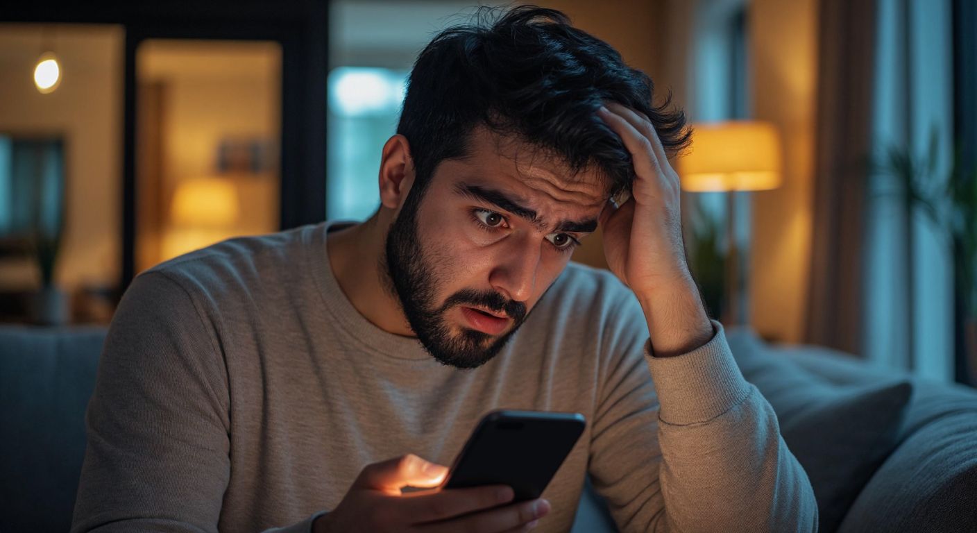 A puzzled Turkish man in a casual setting, scratching his head while looking at a smartphone displaying a search bar, with a faint glow of confusion in his eyes.