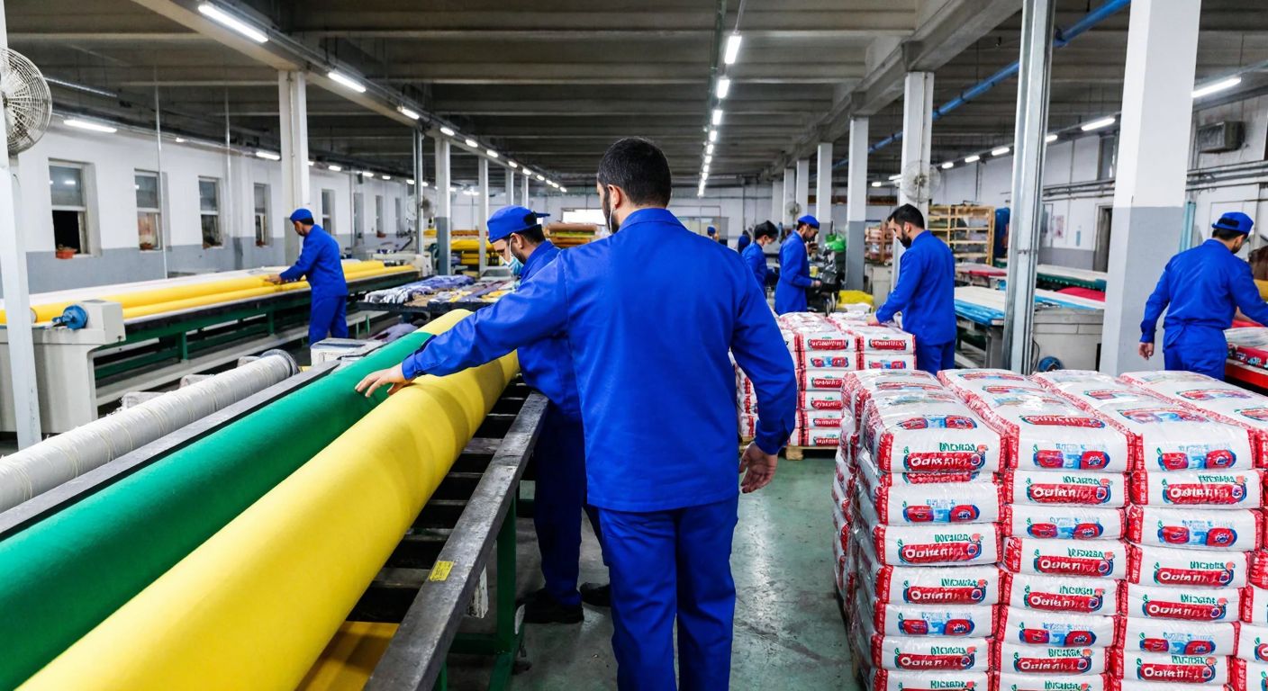 A bustling Turkish textile factory with workers in blue uniforms inspecting rolls of vibrant fabrics, while stacks of sunflower oil and sugar bags sit nearby, symbolizing the dual focus on textiles and food exports.