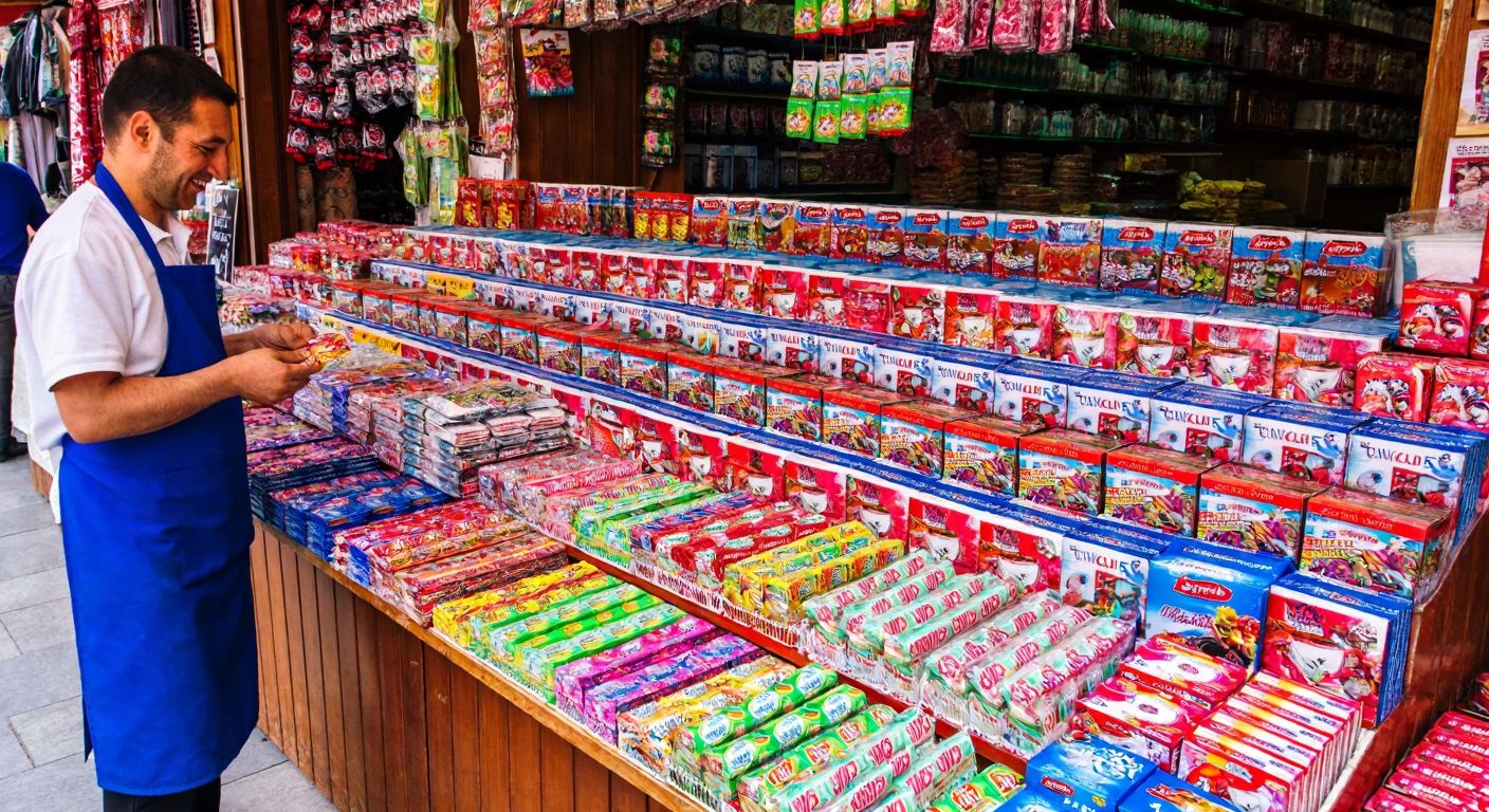 A vibrant display of colorful chewing gum packages arranged in rows on a wooden market stall in Turkey, with a smiling vendor in a traditional apron offering a piece to a curious child.