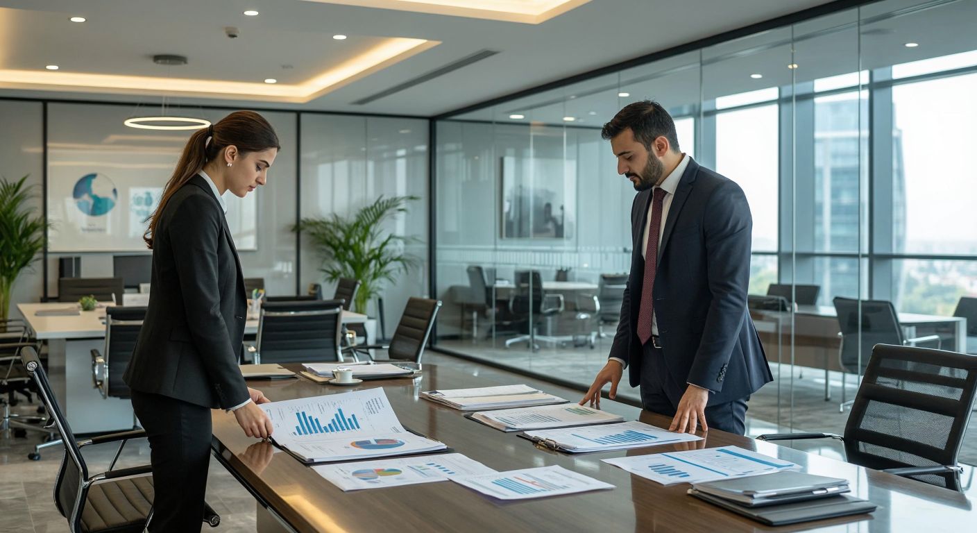 A Turkish business office with two professionals in formal attire—one (the purchasing manager) reviewing documents at a desk with supply chain charts, while the other (the purchasing chief) stands authoritatively nearby, overseeing multiple departments through a glass-walled meeting room.