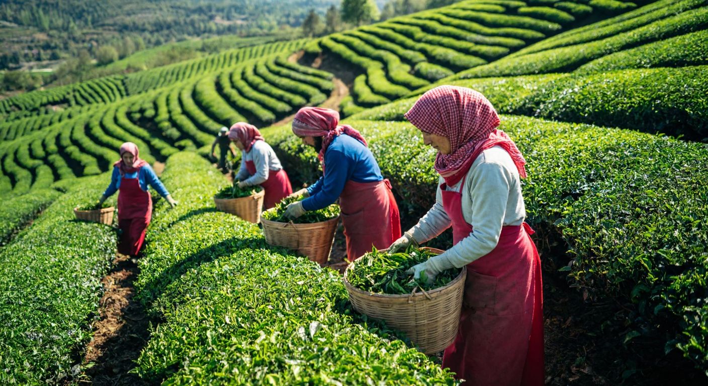 A sunlit tea plantation in Turkey, where workers in traditional attire carefully hand-pick fresh tea leaves while others operate motorized harvesters nearby, with baskets filled with vibrant green leaves at their feet.