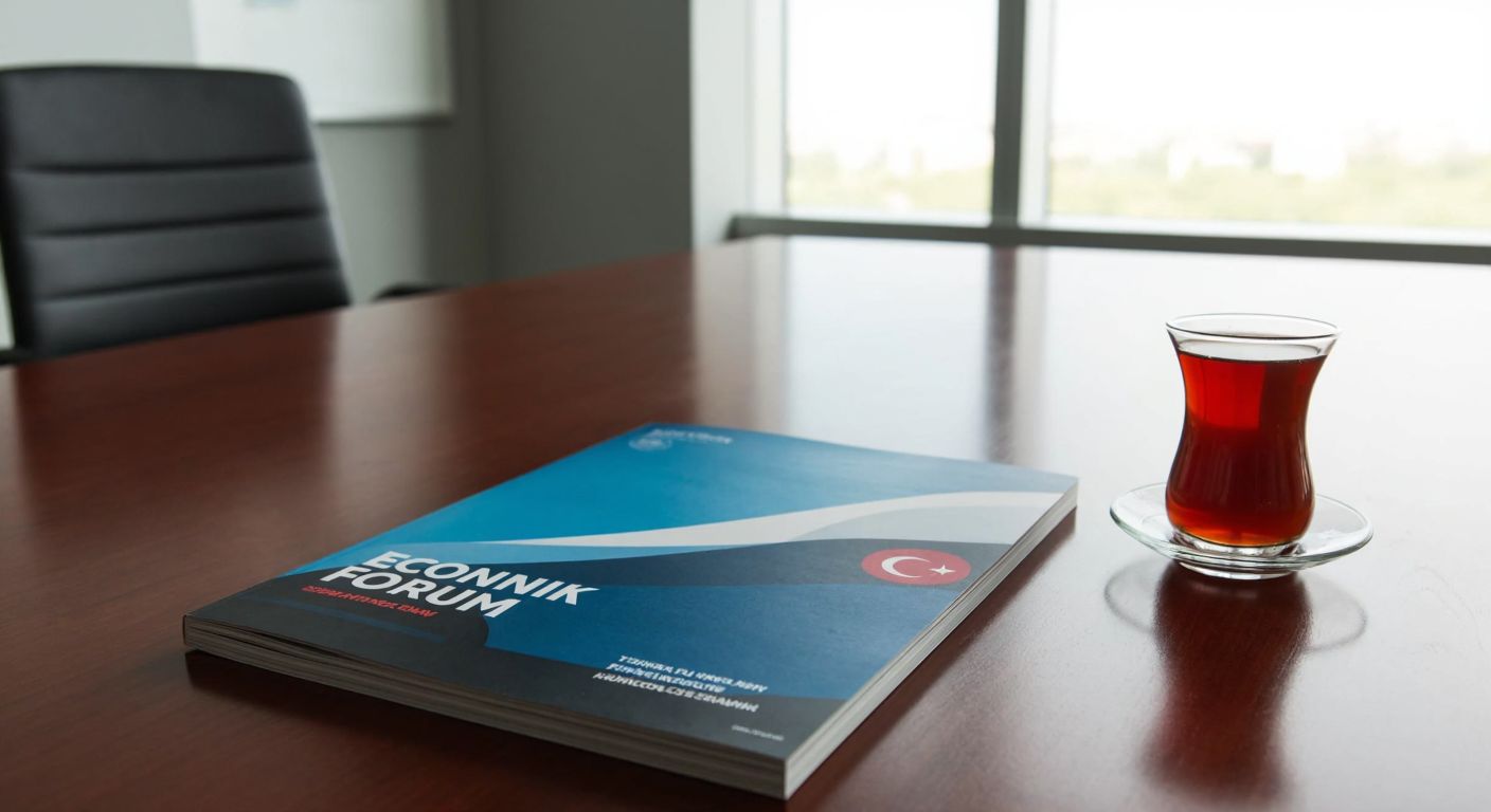 A sleek, modern magazine titled "Ekonomik Forum" lies on a polished wooden table in a well-lit Turkish office, with a steaming cup of Turkish coffee beside it.