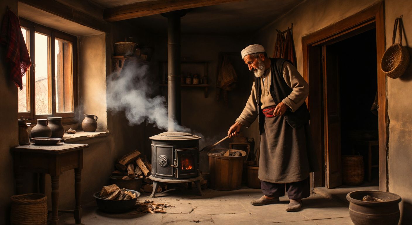 A rustic Turkish home with a cast-iron stove emitting smoke into the room instead of the chimney, while a concerned elderly man in traditional clothing inspects damp firewood nearby.