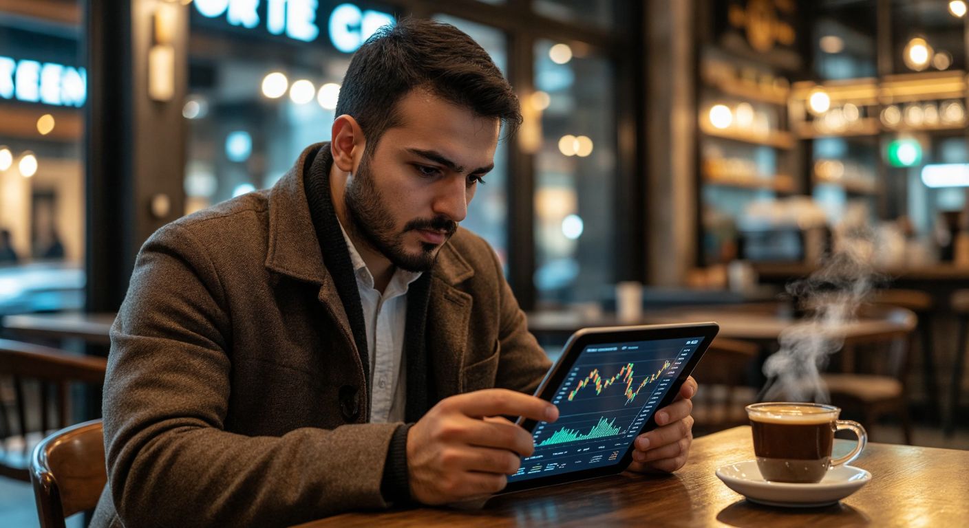 A Turkish investor in a modern café, intently studying a digital tablet displaying abstract cryptocurrency graphs, with a steaming cup of Turkish coffee beside them, their expression reflecting cautious curiosity.