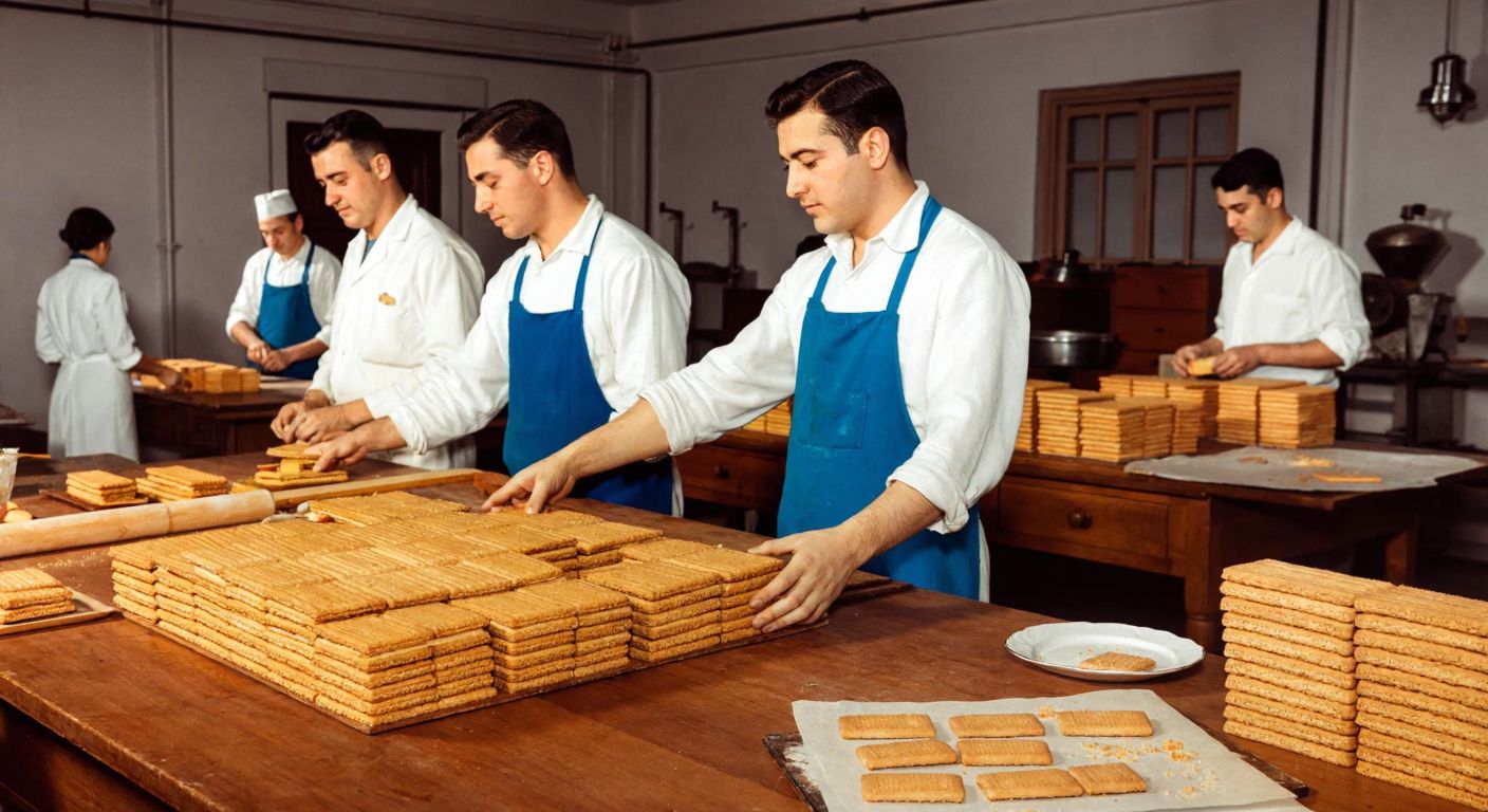 A nostalgic scene of a vintage Ülker Bisküvi factory in Turkey, with workers in mid-20th-century attire carefully packaging golden, flaky Petibör biscuits on a wooden table.