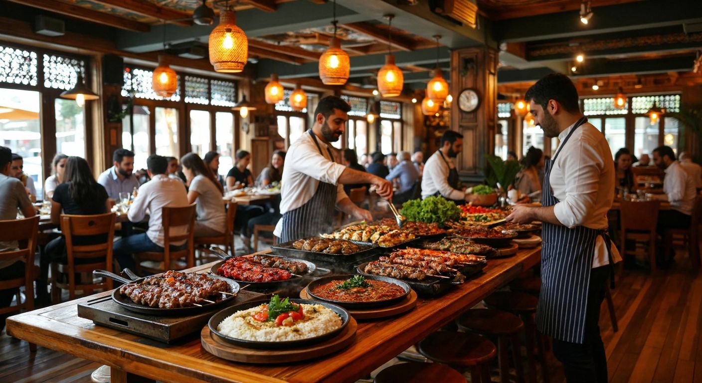 A bustling Turkish restaurant with warm lighting, wooden tables laden with sizzling kebabs and meze platters, and smiling waiters in crisp aprons serving guests in a lively, traditional setting.