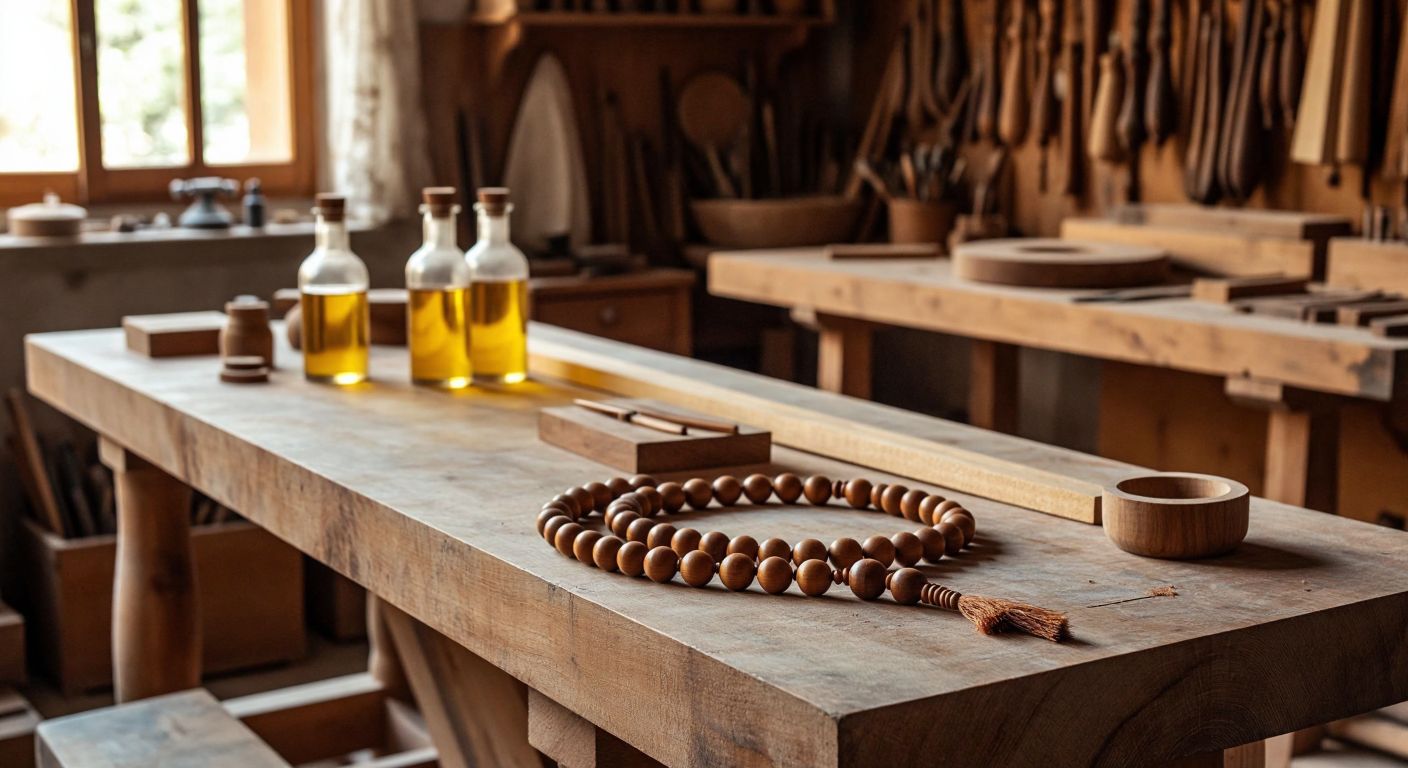 A richly grained wooden workbench in a Turkish carpentry workshop, with a craftsman carving a polished pelesenk prayer bead, surrounded by aromatic oil bottles and unfinished wooden furniture pieces.