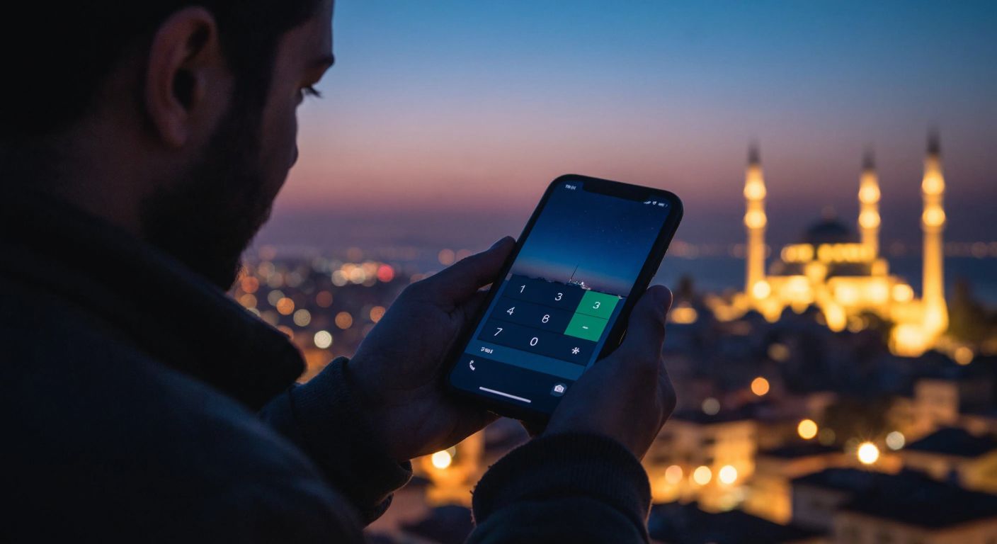 A person in Turkey holding a smartphone with a glowing screen, dialing a number with a focused expression, while a faint silhouette of Iran’s skyline appears in the background.