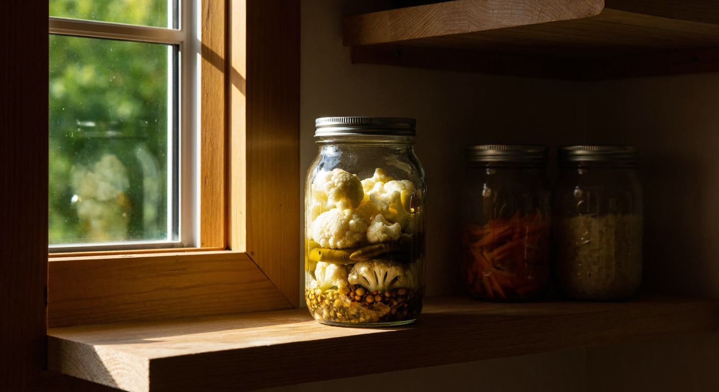 A glass jar filled with pickled cauliflower and spices sits on a wooden shelf in a dim, cool pantry, with sunlight faintly filtering through a small window.