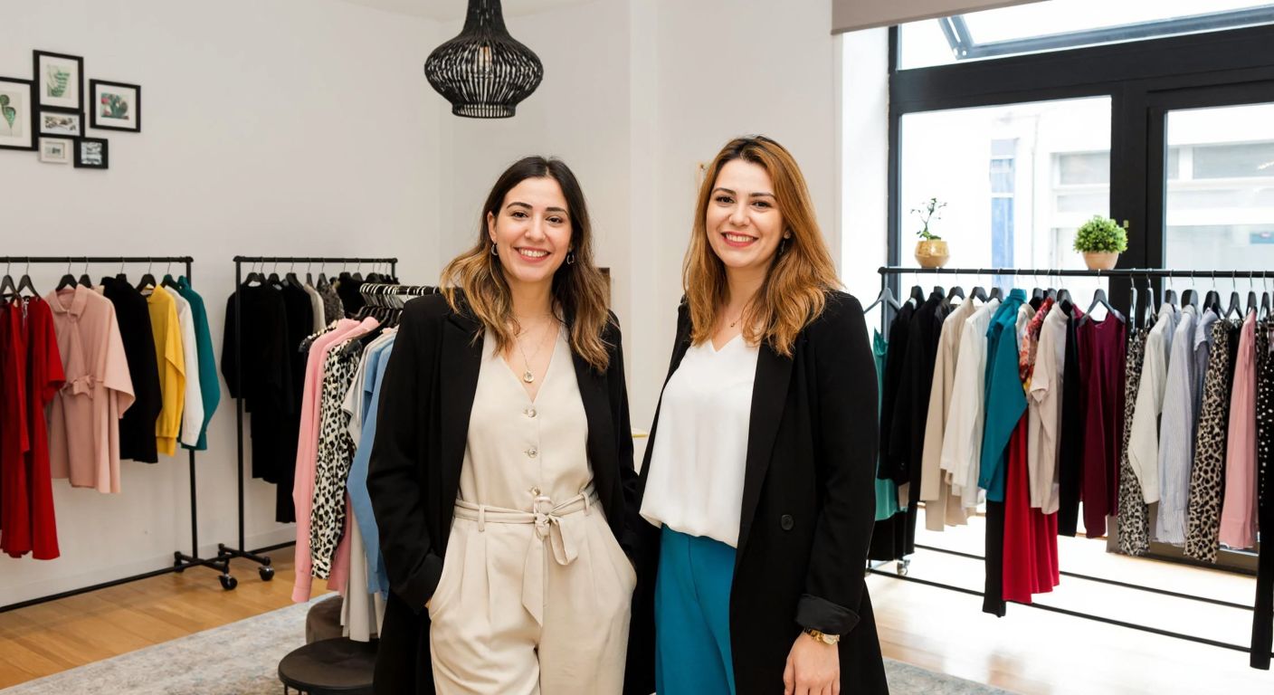A vibrant fashion boutique in Istanbul with two stylish Turkish women, Naz Koral and Çiçek Varuy, smiling proudly among colorful clothing racks and modern decor.