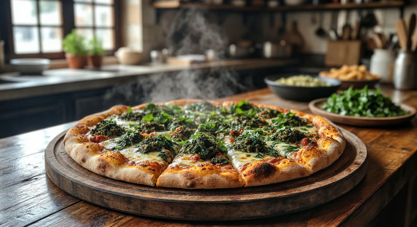 A rustic wooden table in a cozy Turkish kitchen holds a freshly baked, golden-brown "otlu pide" topped with vibrant green herbs, melted cheese, and a drizzle of olive oil, steaming slightly in the warm light.