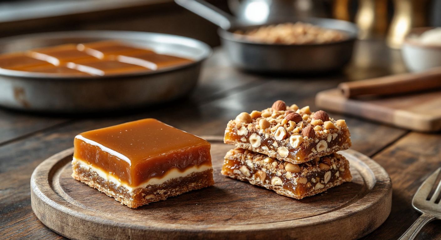 A rustic wooden table in a Turkish kitchen holds two golden-brown treats side by side—one a glossy, soft caramel square drizzled with cream, the other a crisp, amber toffee studded with crushed hazelnuts.