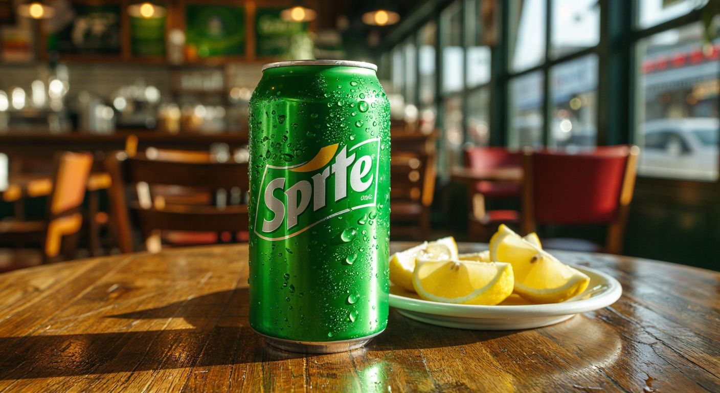 A chilled can of Sprite sits on a wooden table in a Turkish café, condensation dripping down its sides, with a small plate of lemon slices beside it.