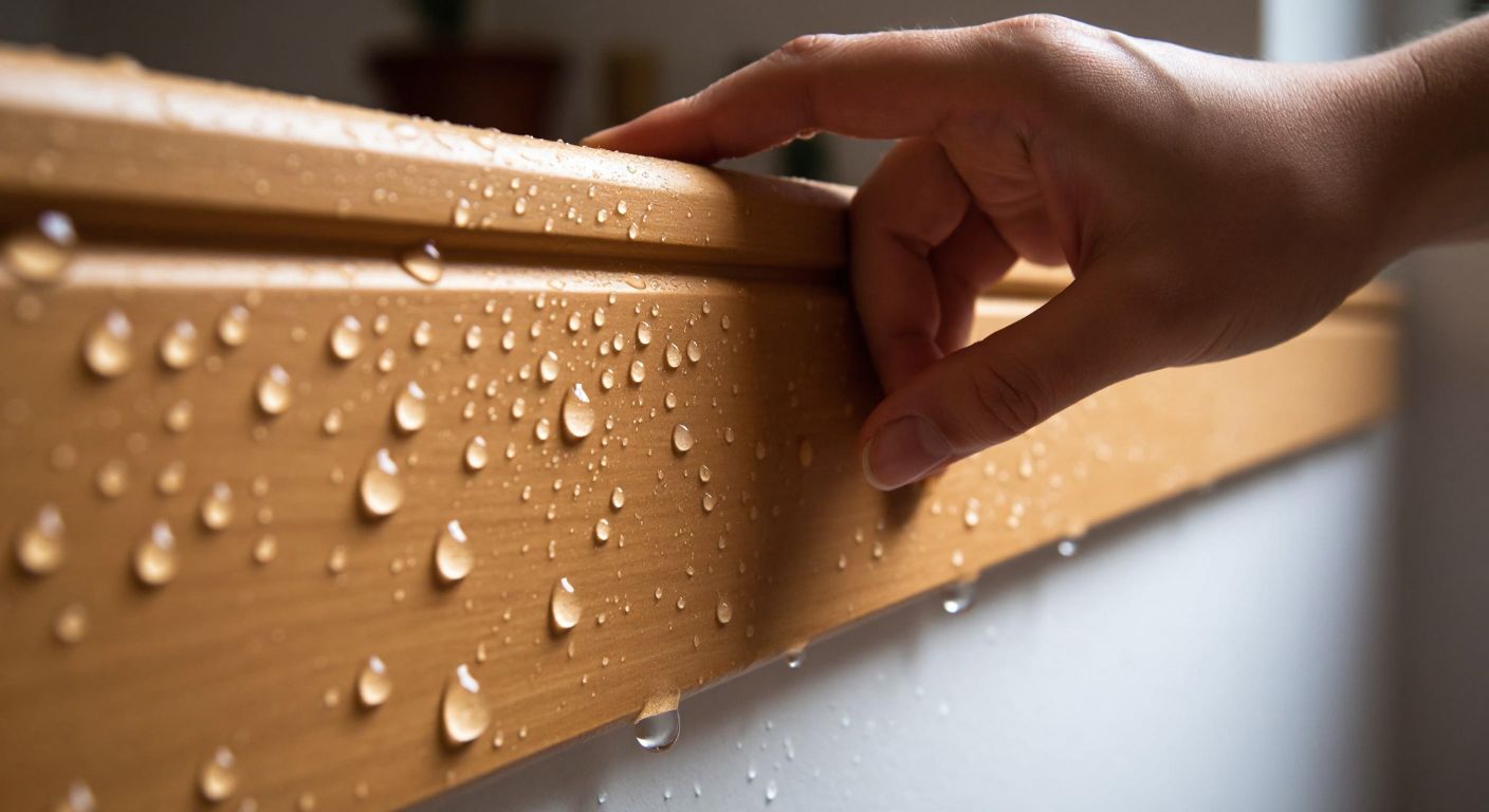 A close-up of a damp, slightly warped MDF baseboard in a Turkish home, with water droplets beading on its surface and a concerned homeowner touching it with a frown.