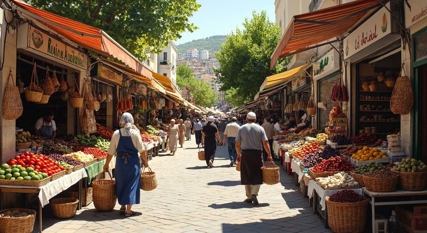 A bustling, sunlit marketplace in İzmir with rows of colorful stalls overflowing with fresh produce, spices, and local delicacies, where vendors in aprons and customers with woven baskets weave through the lively crowd.
