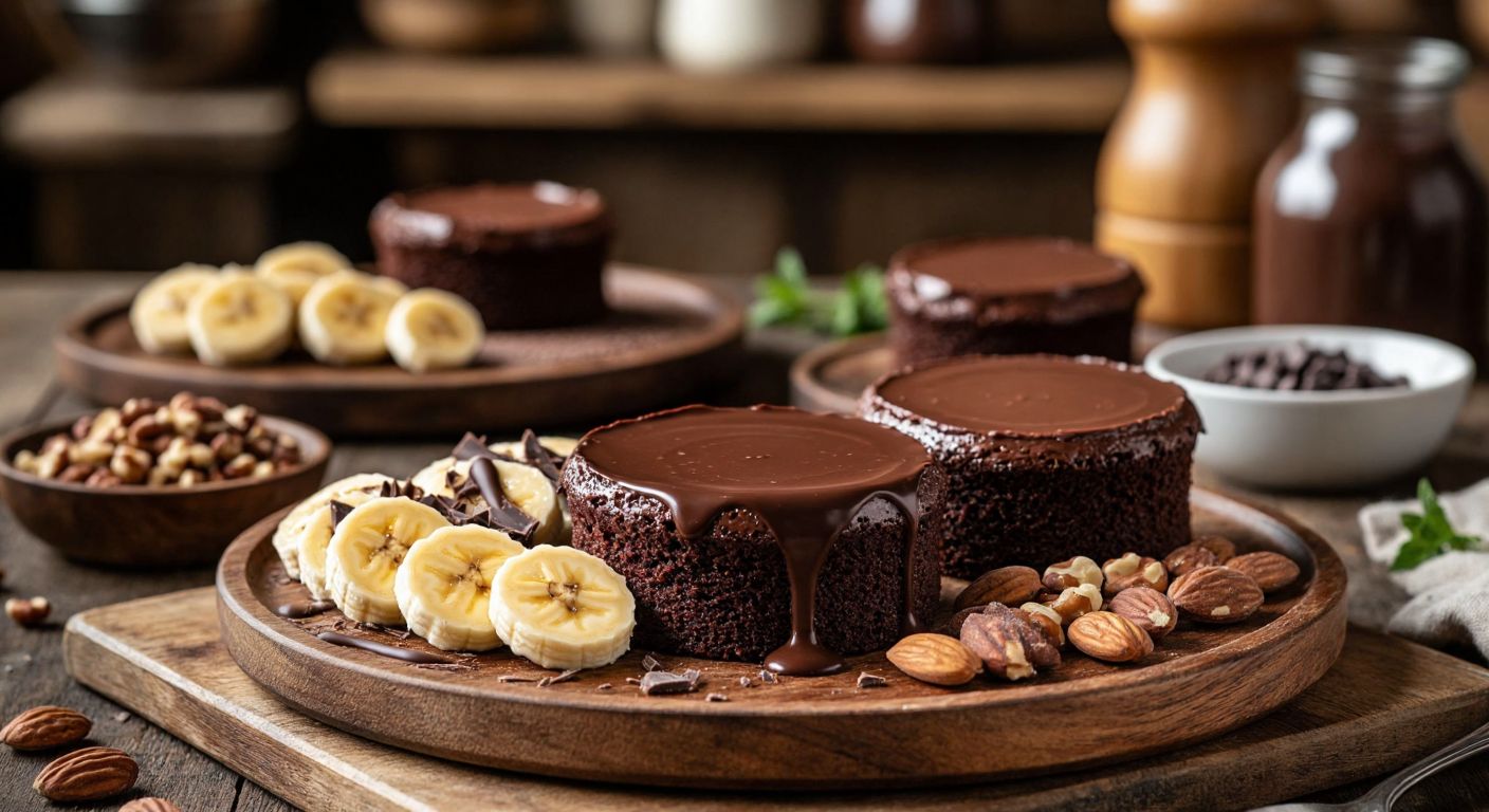A rustic wooden table in a cozy Turkish kitchen holds a spread of chocolate-covered banana slices, nuts drizzled with melted chocolate, a rich chocolate cake, a warm soufflé, and a creamy pudding, all made with ground chocolate, evoking warmth and indulgence.