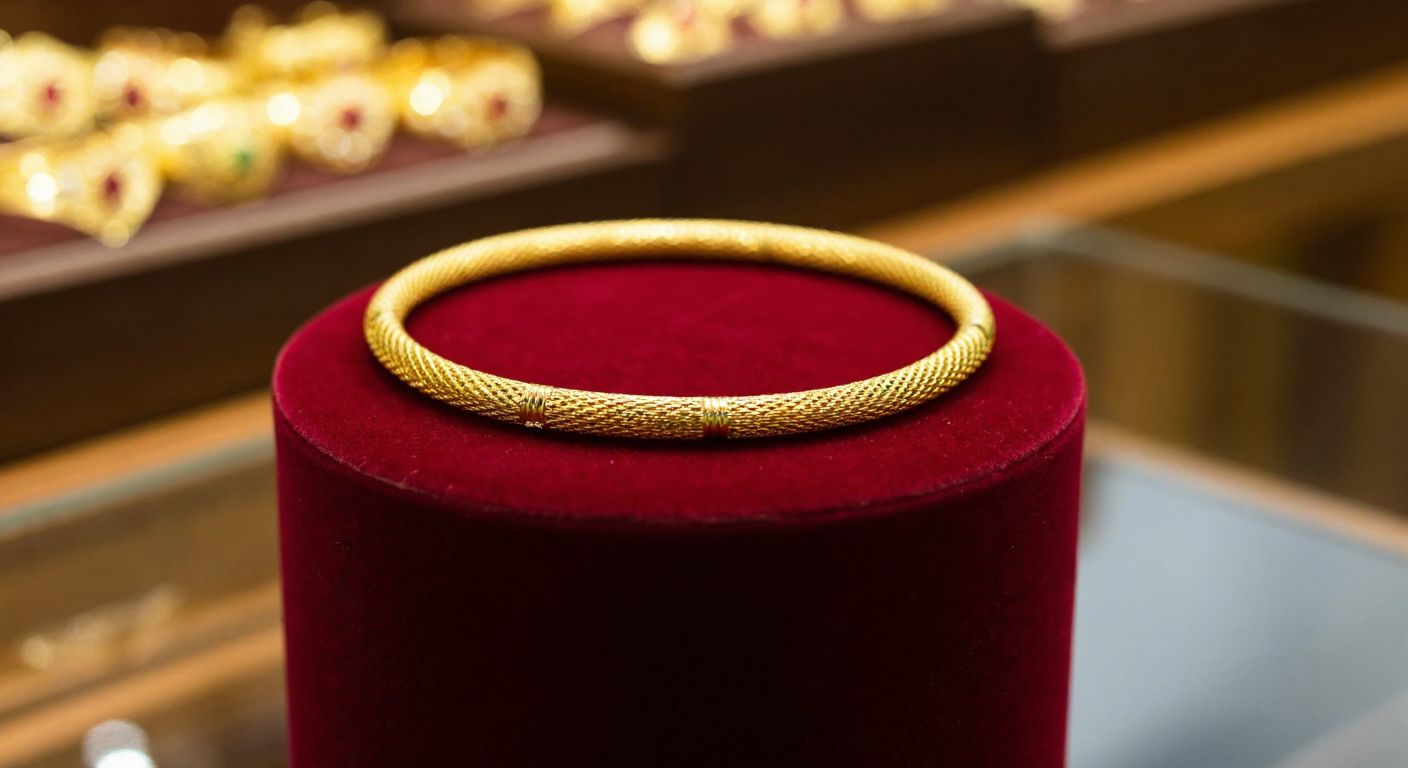 A polished 22-karat gold ajda bracelet resting on a deep red velvet cushion in a traditional Turkish jewelry shop, with warm light reflecting off its intricate craftsmanship.