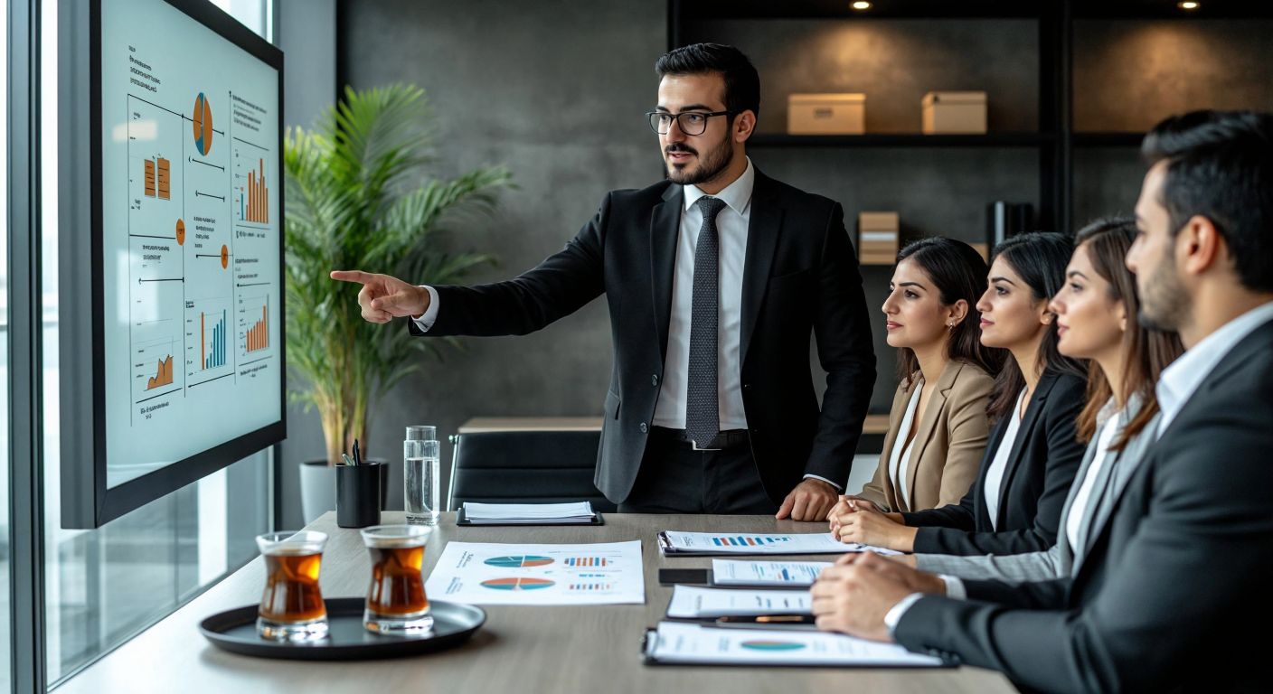 A confident Turkish business consultant in a sleek office, pointing at a flowchart on a glass board while a diverse team of professionals in formal attire listens attentively, with a tray of Turkish coffee and documents on the table.