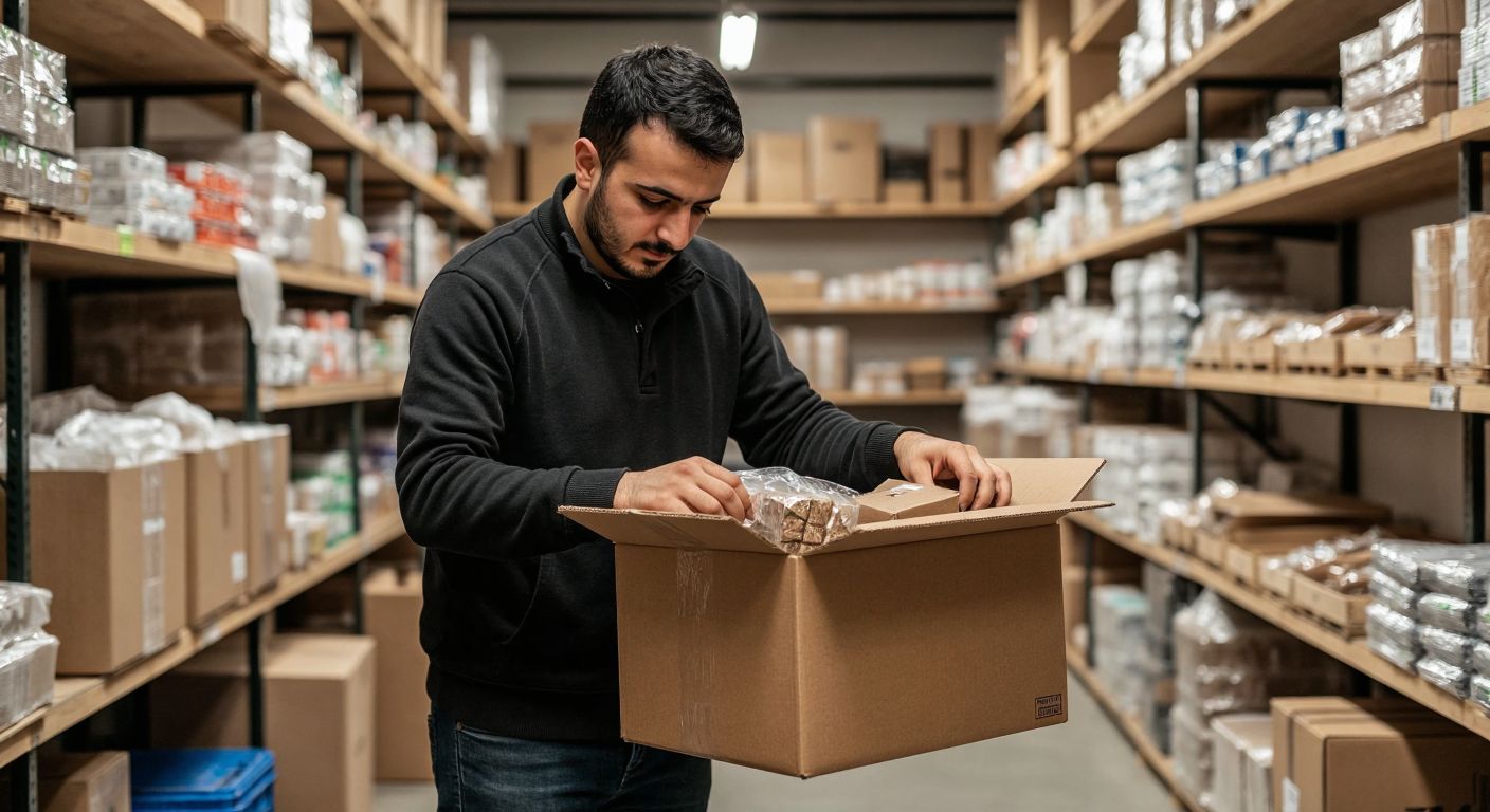A Turkish shop owner in a small warehouse carefully packing multiple items into a single brown cardboard box, with a focused expression and shelves filled with various products in the background.