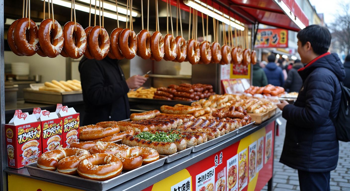 A vibrant street food stall in Germany displays golden pretzels and sizzling bratwursts, while a colorful Japanese vendor nearby offers skewered takoyaki and boxes of Pocky, with curious travelers sampling both cuisines.