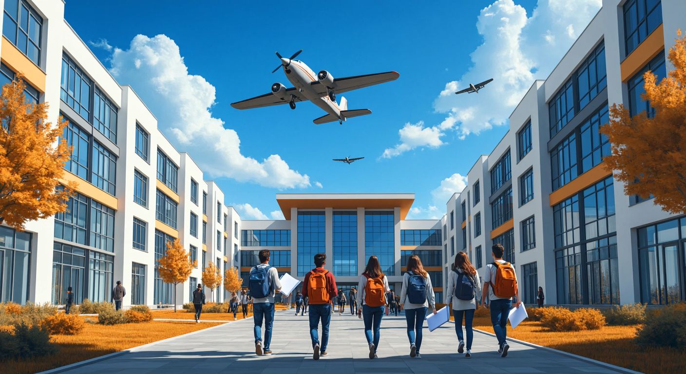 A modern university campus in Samsun with students walking between faculty buildings, holding books and blueprints, while a small airplane model flies overhead against a clear blue sky.