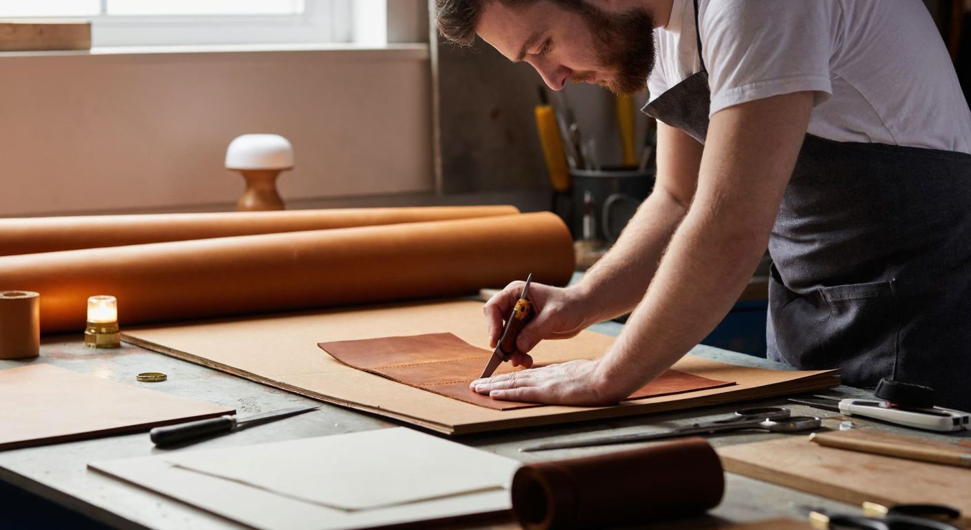 A skilled artisan in a well-lit workshop carefully traces a leather wallet pattern onto thick cardboard with a sharp knife, surrounded by rolls of leather, cutting tools, and scattered design sketches.