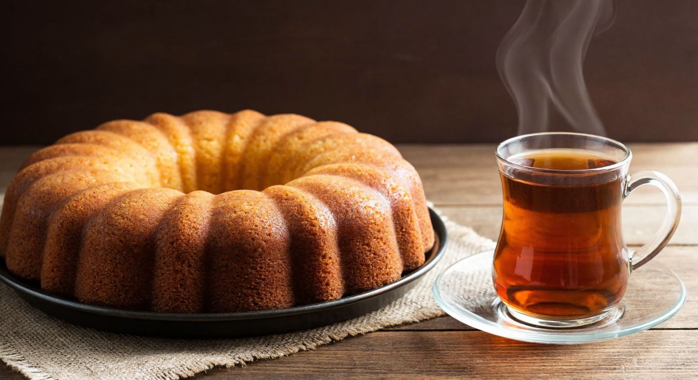 A warm, golden-brown tea cake sits on a rustic wooden table, with a steaming glass of amber Turkish tea beside it, evoking cozy home baking.