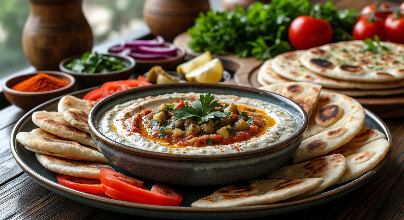 A vibrant Turkish mezze table featuring a creamy bowl of abugannuş (eggplant and yogurt dip) surrounded by fresh vegetables, warm flatbread, and a sprinkle of paprika, with a backdrop of a sunlit Anatolian kitchen.