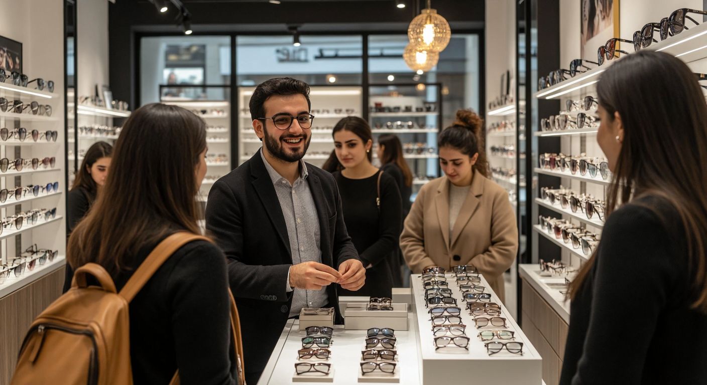 A bustling Turkish optician shop with a smiling, professional staff assisting customers amid shelves of stylish eyeglasses, while a few disgruntled clients frown near the counter.