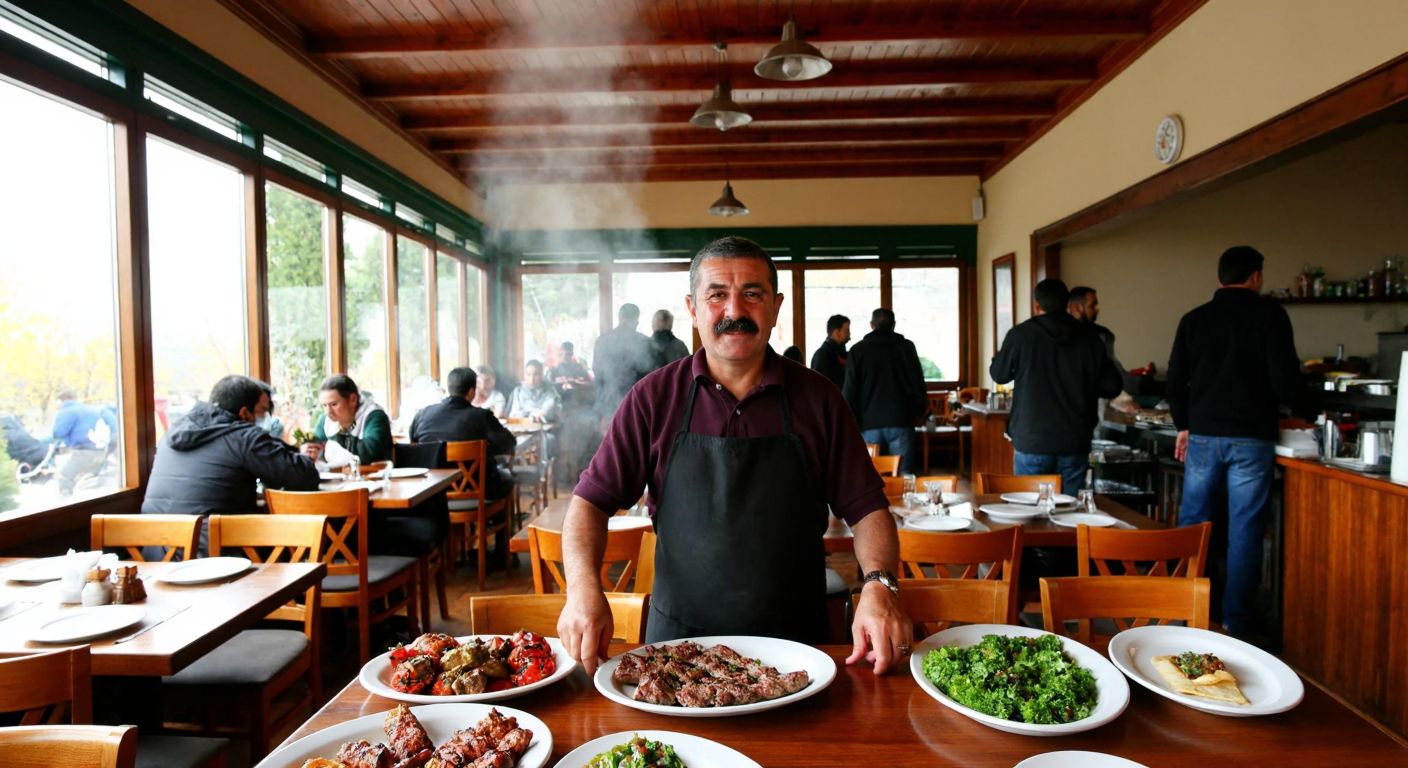 A bustling traditional Turkish restaurant in Demirköy with wooden tables, steaming plates of kebabs, and a proud, middle-aged man with a mustache (Serdar Güçlü) warmly greeting guests.