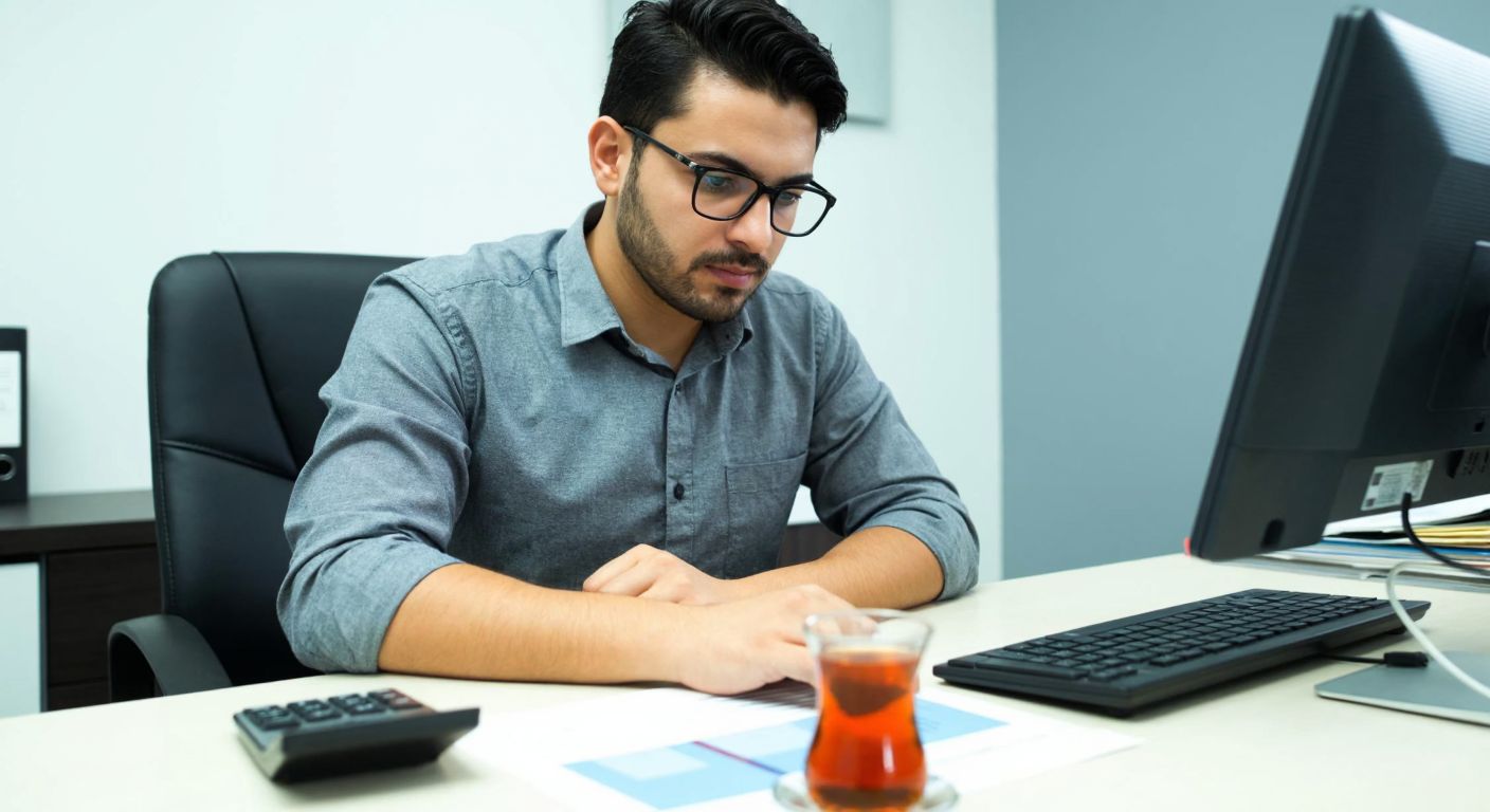 A focused Turkish accountant in a modern office, wearing glasses and a button-up shirt, carefully typing on a keyboard while referencing a printed financial document, with a calculator and a steaming cup of Turkish tea on the desk.
