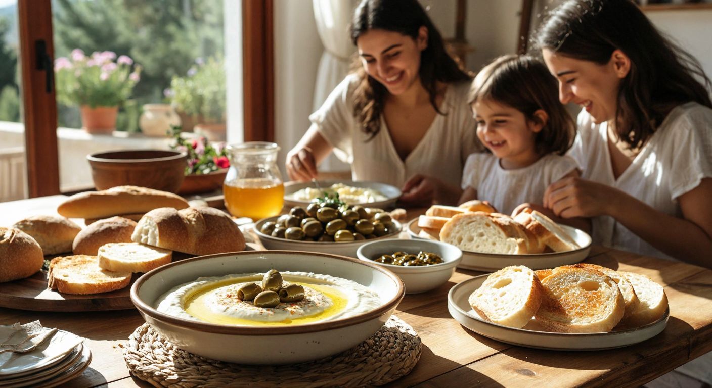 A sunlit Turkish breakfast table with a bowl of creamy tahini-yogurt mixture, fresh bread, olives, and honey, surrounded by a family smiling as they prepare to eat.
