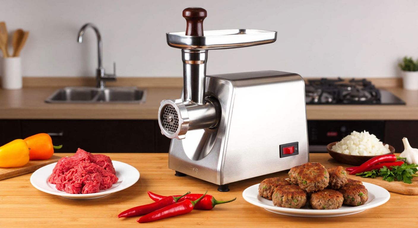 A stainless steel meat grinder sits on a wooden kitchen counter, surrounded by fresh ground beef, vibrant red peppers, and a bowl of minced onions, with a plate of freshly made içli köfte and a sizzling hamburger patty nearby.