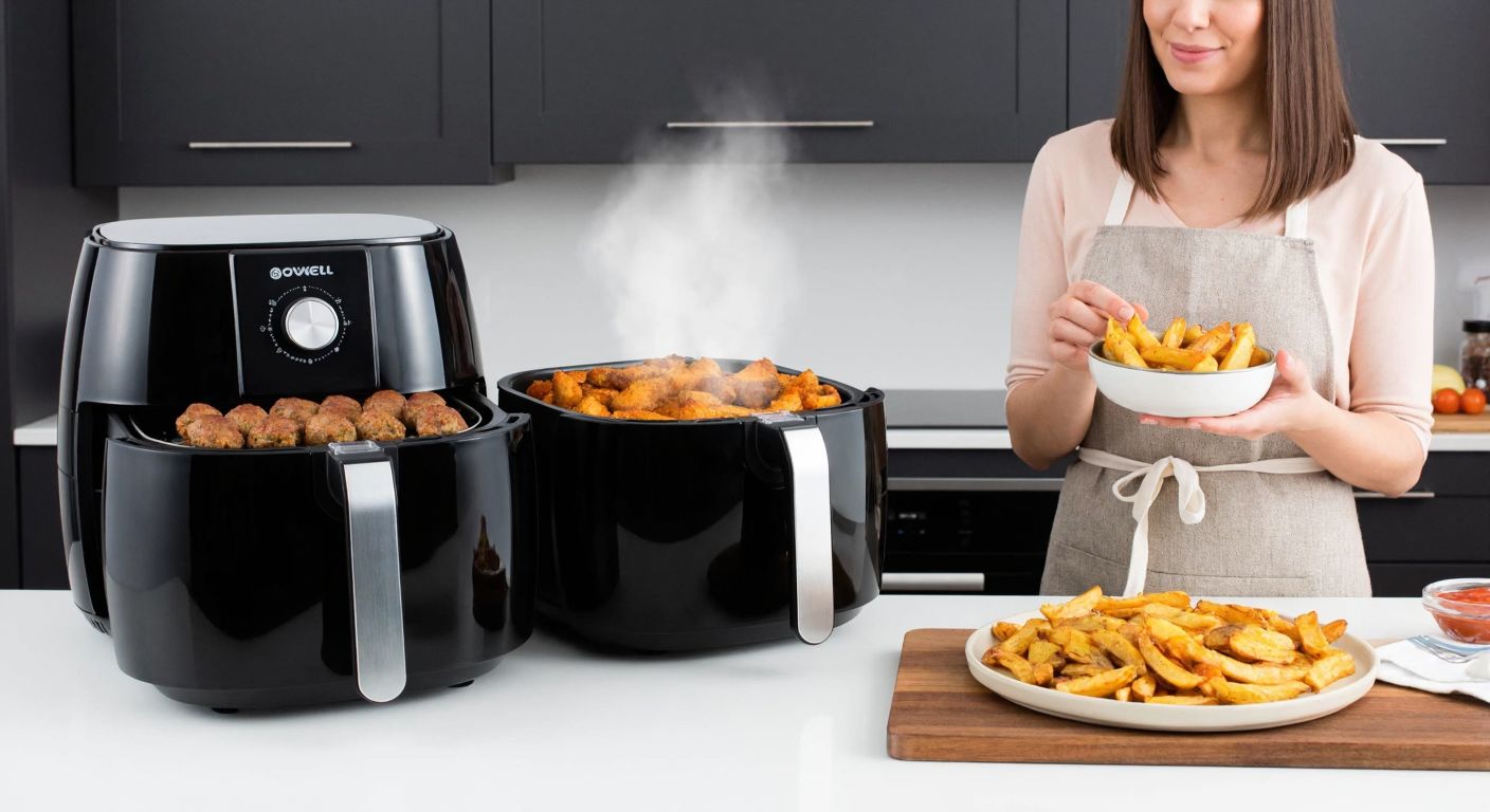 A modern Turkish kitchen with a sleek Robwell airfryer featuring two separate cooking compartments, one filled with golden-brown köfte and the other with crispy patates kızartması, steam rising as a smiling woman in an apron checks the food.